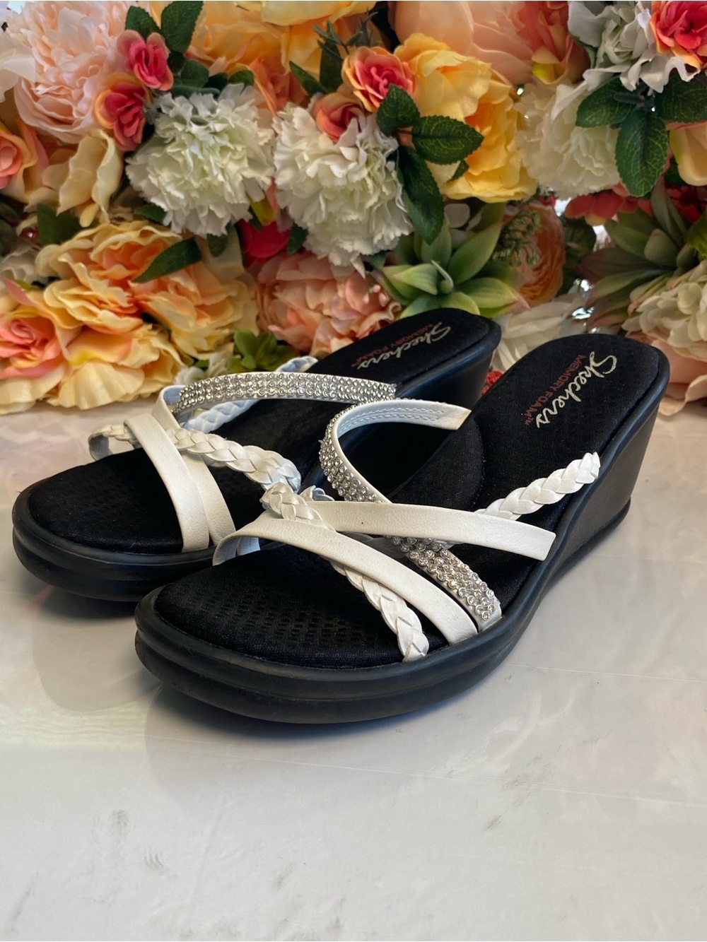 Skechers Memory Foam Rhinestone Braided Wedge Slide Sandals White Women’s 8